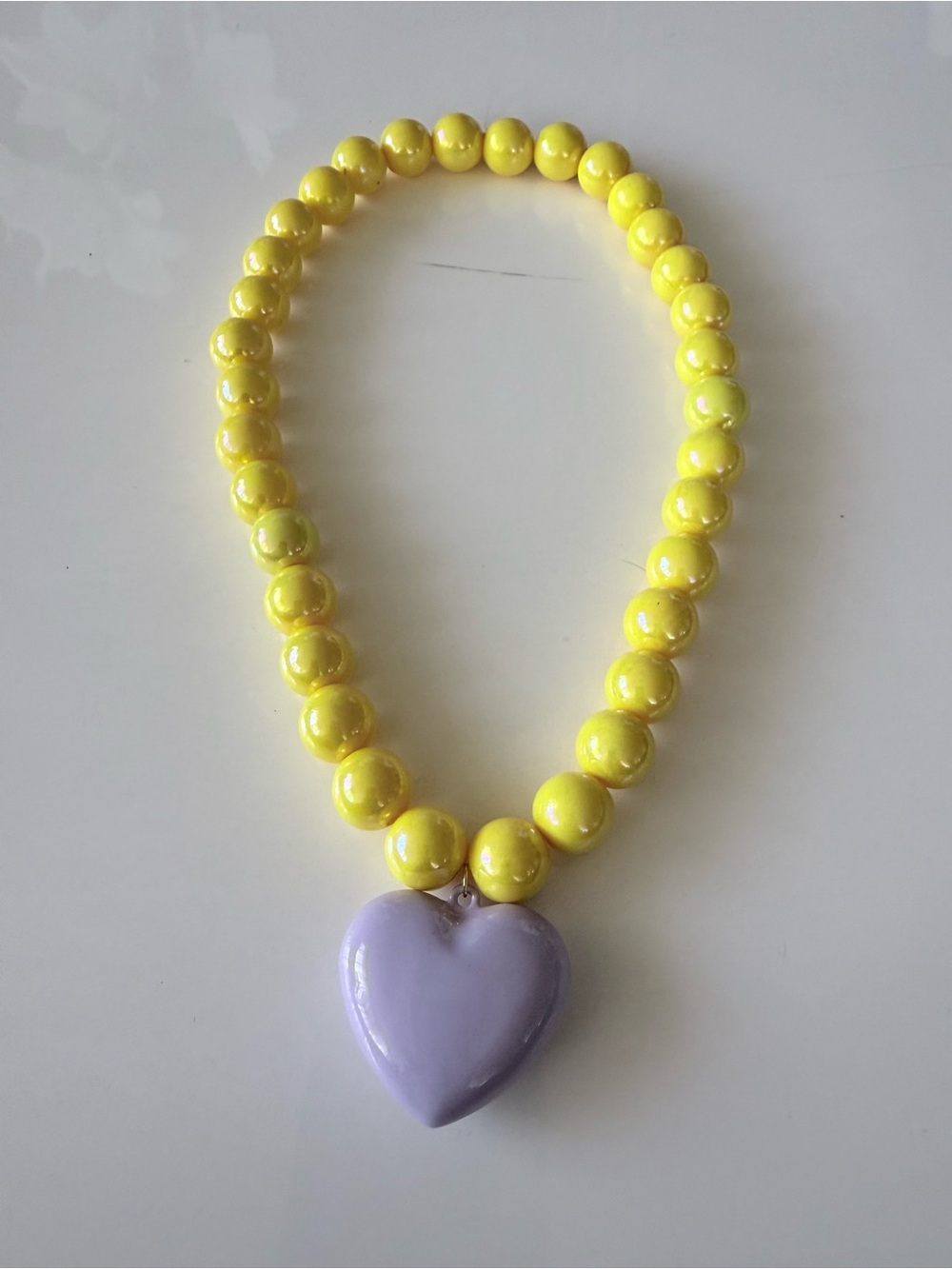 Hand Crafted Yellow Beaded Necklace with Lavender Heart Pendant